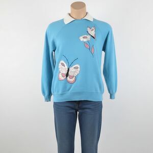 80s embroidered patchwork butterfly collared ruffle sleeve sweater